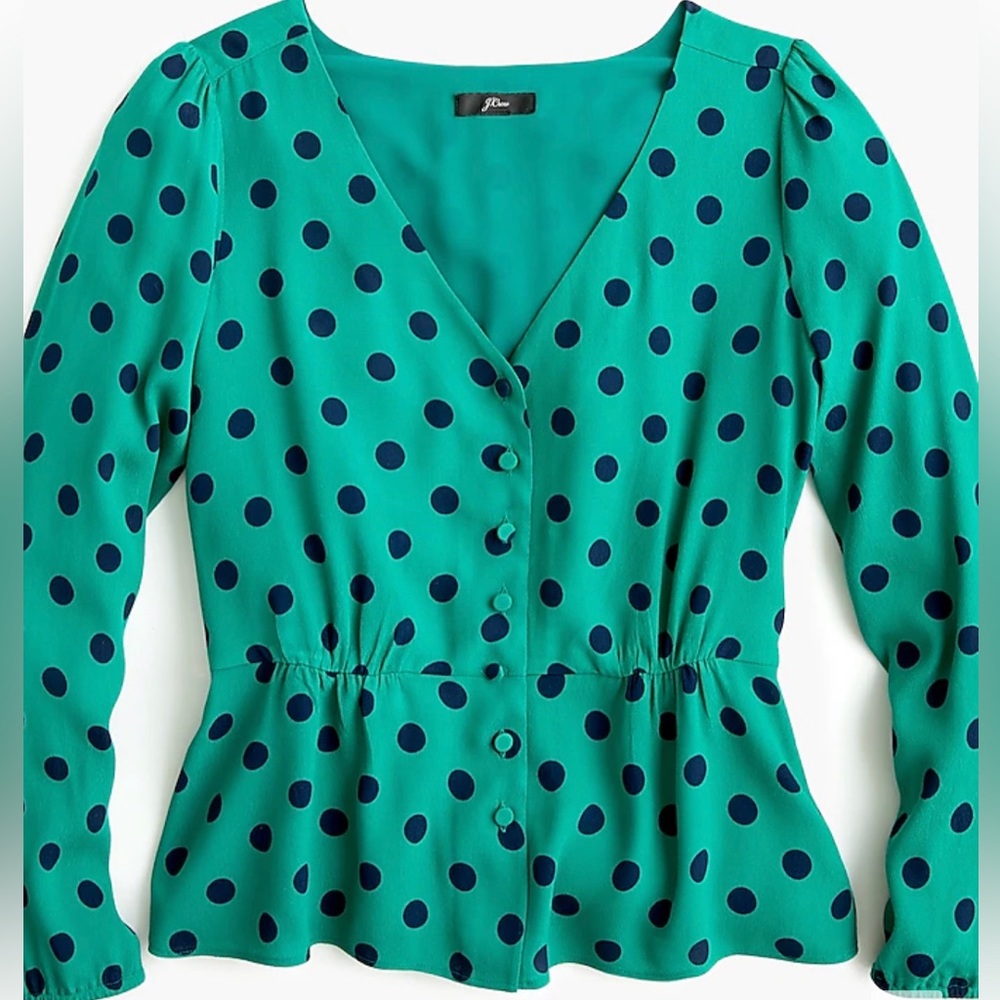 J Crew Long-sleeve Peplum Top In Crepe Polka Dot Size 10